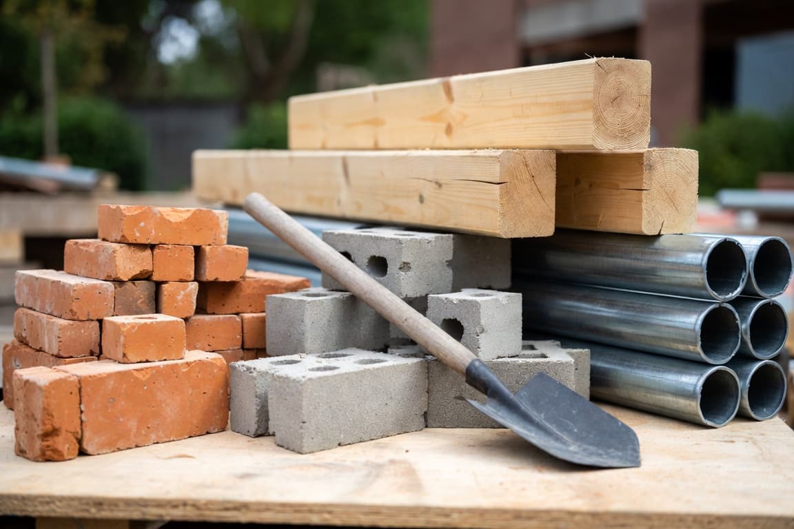Bricks, timber, blocks and steel tube on a building site