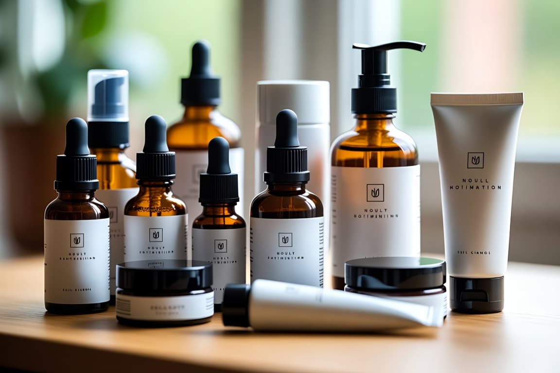 Amber and white cosmetics bottles on a table