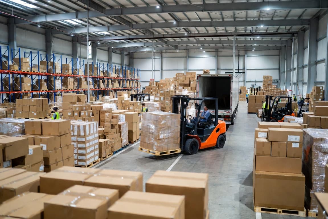 Forklift loading pallets in a distribution warehouse