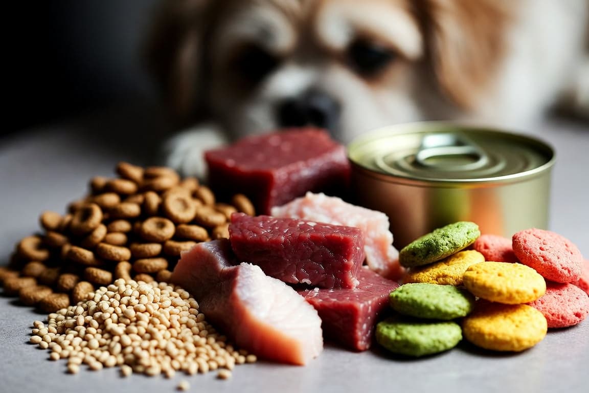 Pet food ingredients with a dog in the background